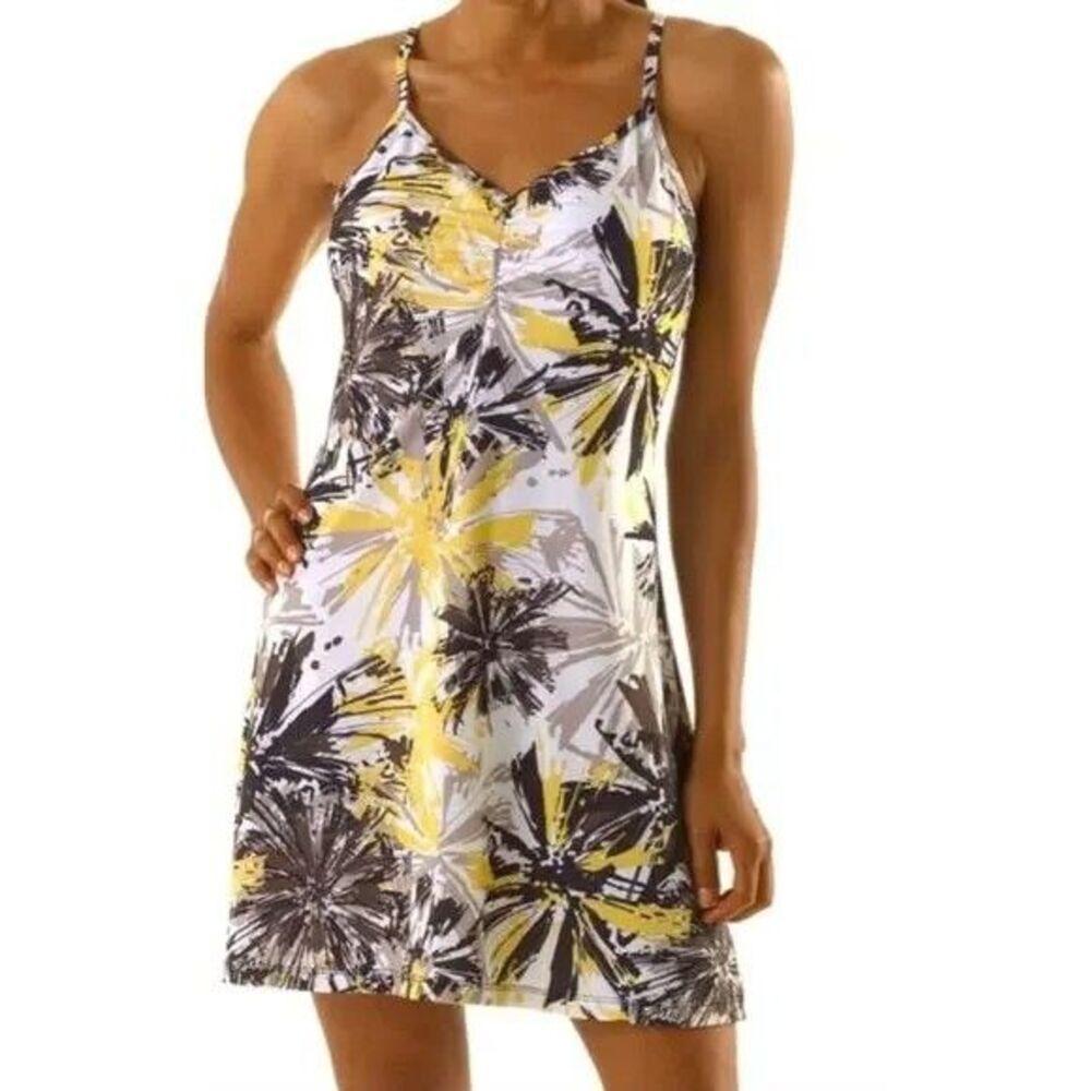 prAna Womens L Sonja Dress Short Floral Print Strappy Athletic Beluga Burst NEW - Picture 2 of 11